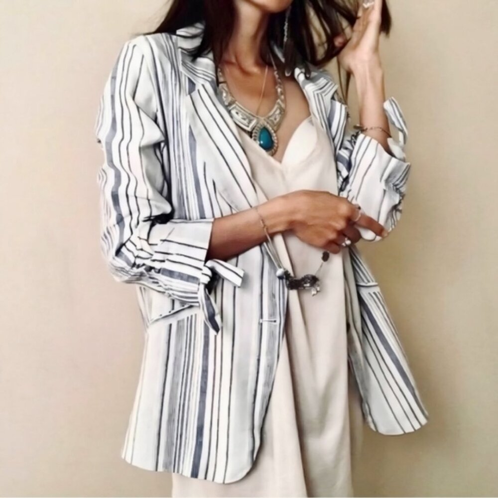 Anthropologie DREW Linen Blend Striped Blue White Catalina Blazer, L - Picture 10 of 10